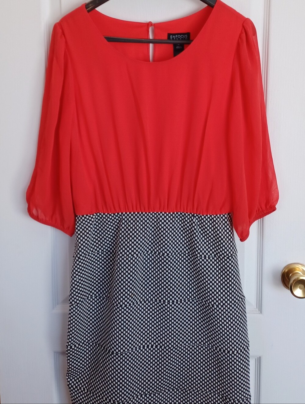 ENFOCUS STUDIO SZ 12 DRESS RED SLIT 1/2 SLEEVE TOP BLACK W/WHITE POLKA DOT SKIRT